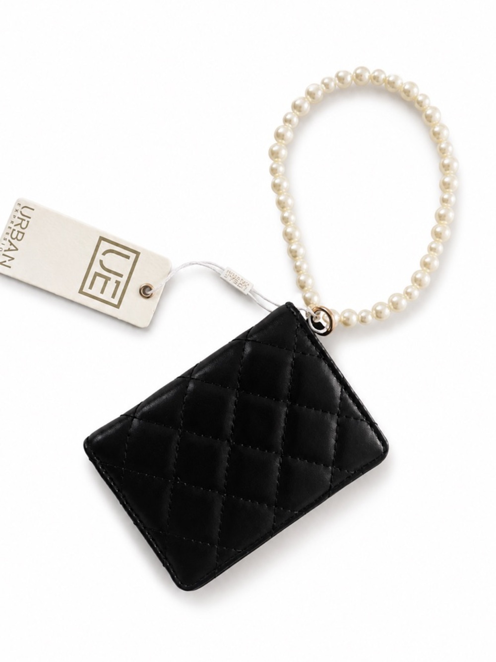Urban Expressions Black Quilted Cardholder with Pearl Wristlet